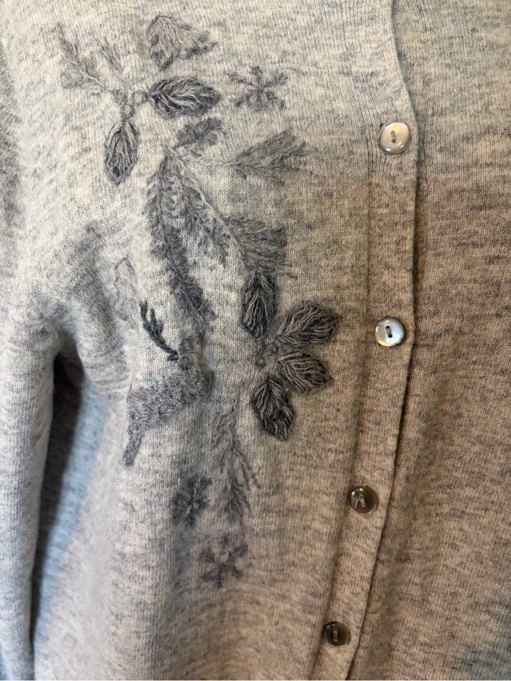 Woolrich Light Gray Women's Cardigan with Floral Detail Deer Holly Snowflakes